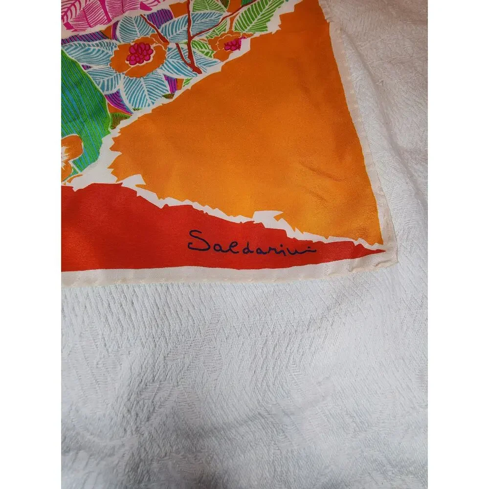 Saldarini Italy Silk Square Scarf Tropical Floral Orange Rust Magenta 30in